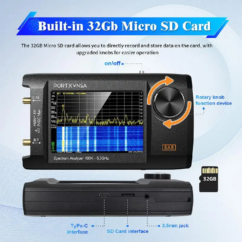 4 inch IPS LCD SA5 multifunctionele handheld spectrumanalysator 100k-5,3GHz 2-in-1 signaalgenerator Ingebouwde 5000mAh-link naar pc