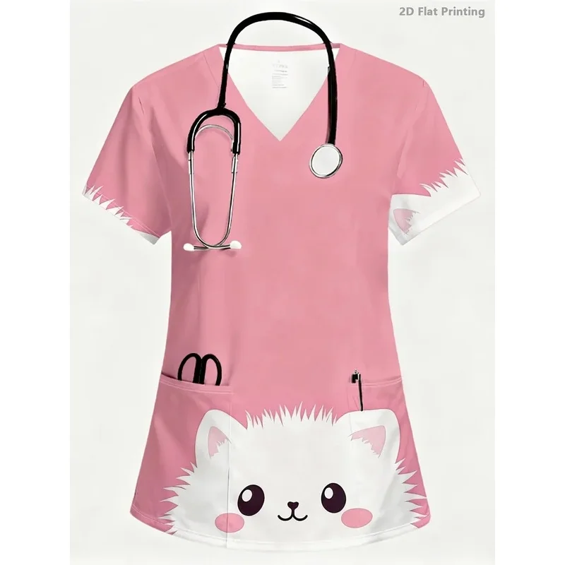 Elegant Modern SummerV-Printed Collar Short-Sleeve Nurse Uniform for Women Casual Medical Workwear