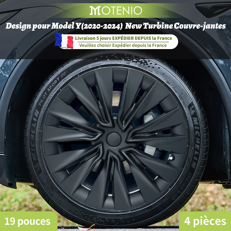 Lot de 4 enjoliveurs style turbine argent et noir 19 pouces pour Tesla Model Y (2020–2024), cache-jantes de remplacement.