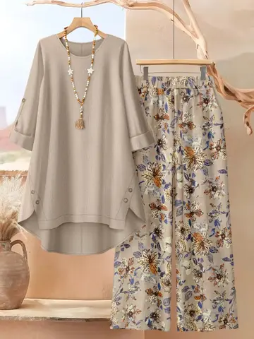 Women Round Neck Long Sleeve Plain Top And Floral Printed Wide Leg Pants For Casual Resort Vacation And Daily Occasion