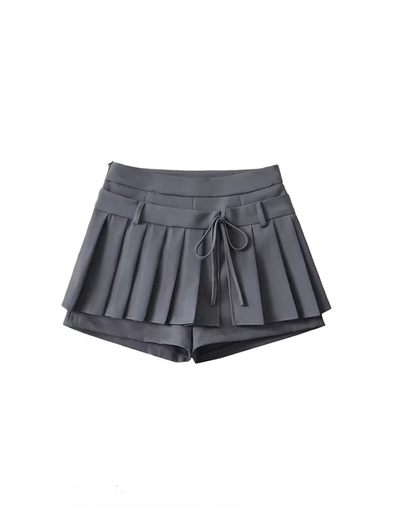 

Cotton Blend Spliced A-Line Skirt with Belt Anti-Light Pure Vintage High Waist Pleated ort Skirt for Young Women