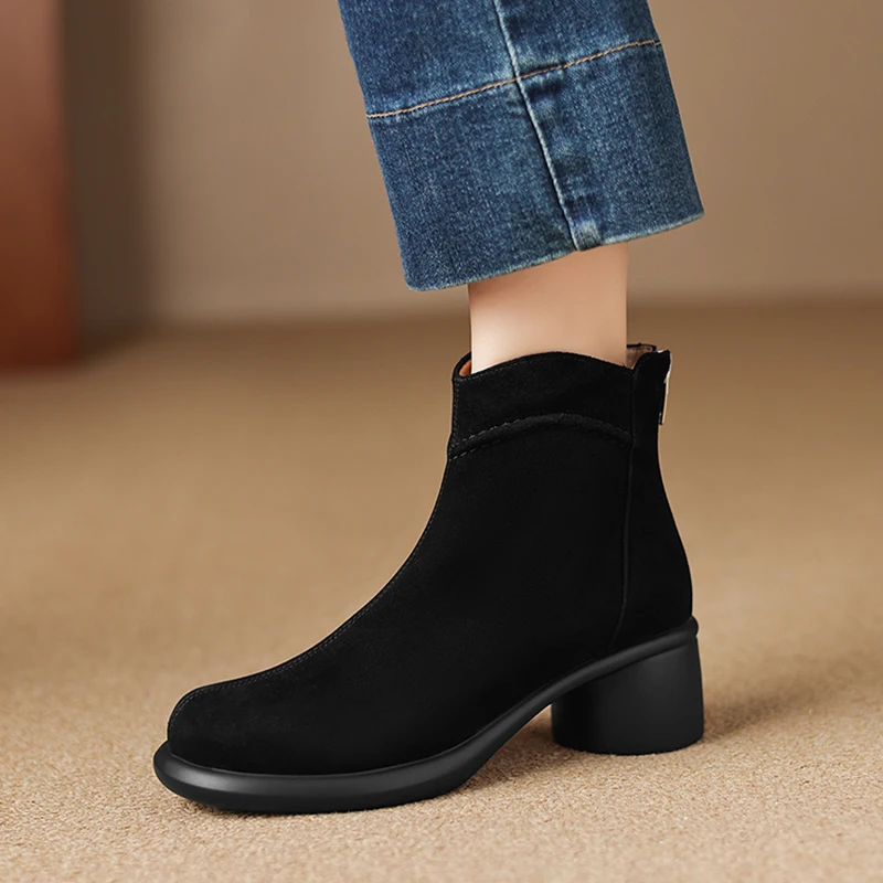 2026 new autumn winter women ankle boots natural leather 22-25cm kid suede round toe back zip thick heel short boots fashion