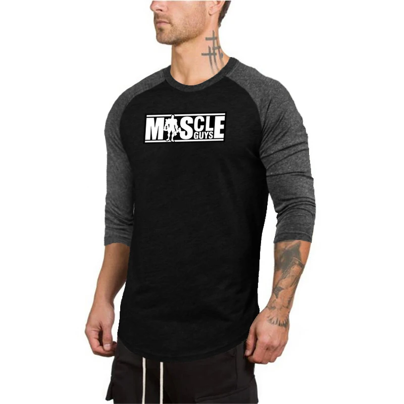 Autumn Men Three Quarter Sleeves Contrast Fitness Casual Gym Workout Basketball Training Sport Slim Fit Clothing Cotton T-shirts
