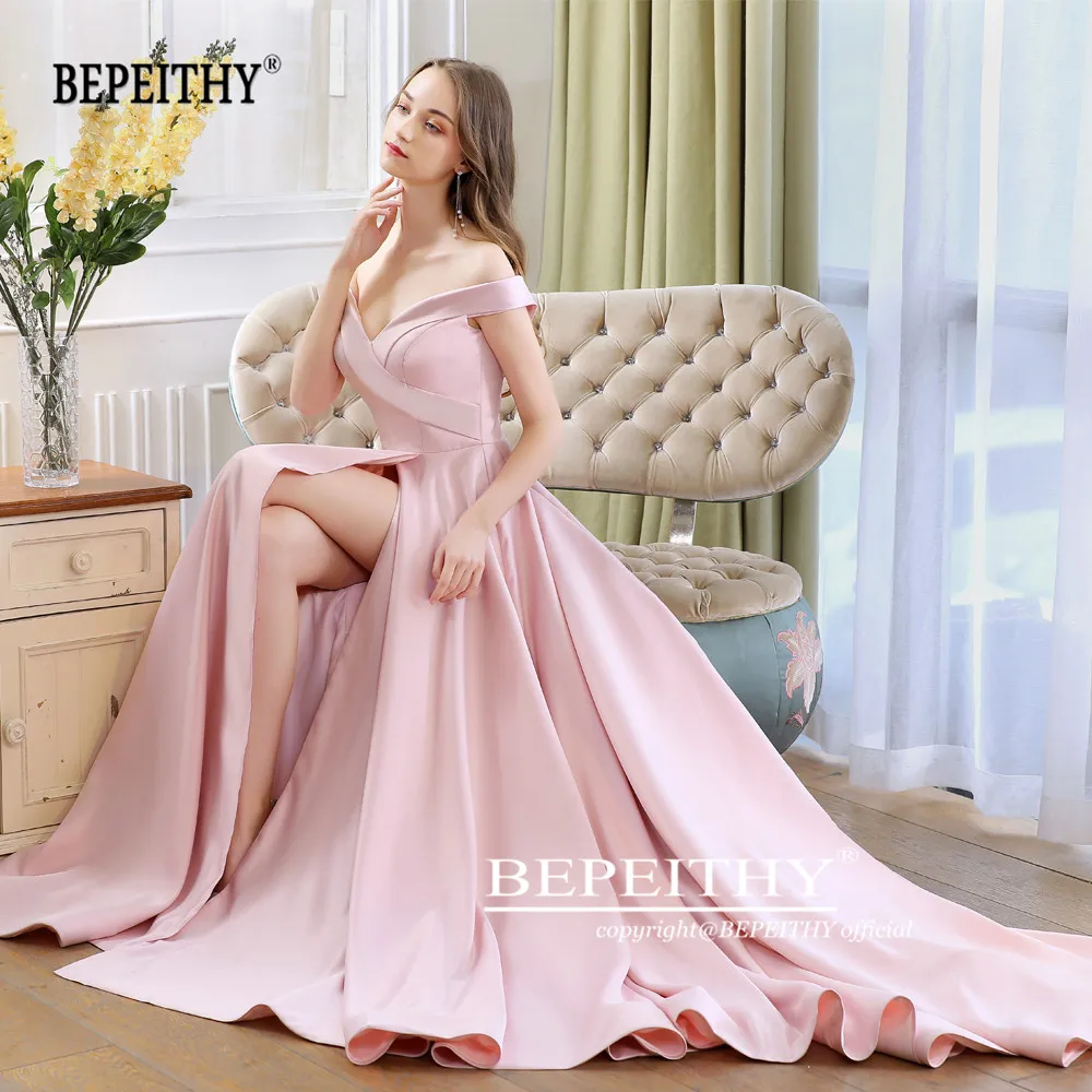 BEPEITHY Customized Sweet Pink Off The Shoulder Evening Dresses High Slit Prom Dress 2023 Vestido Elegante Mujer Para Fiesta