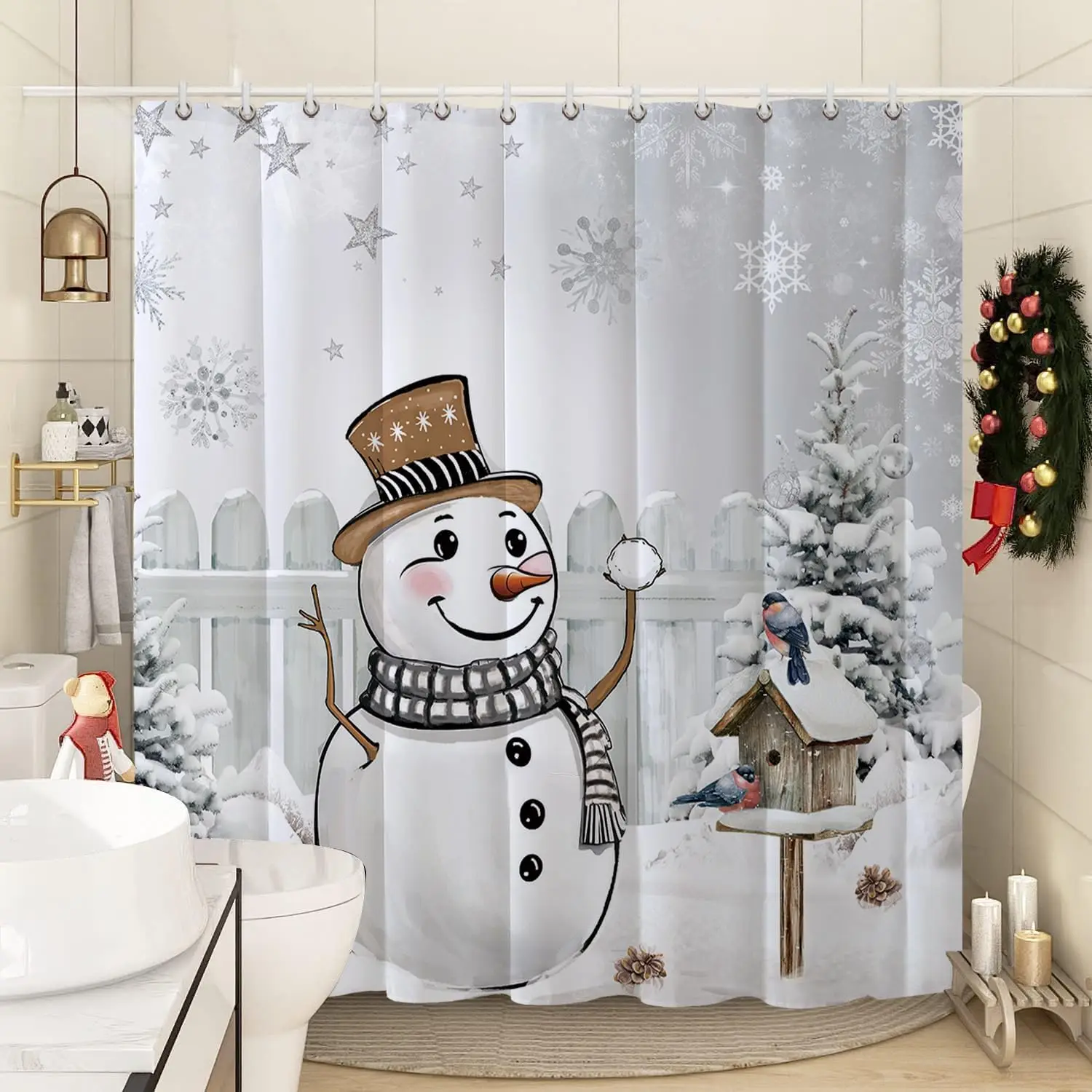 

Зимняя занавеска для душа со снеговиком, Рождественский снеговик с скворечником, снежинка, занавеска для душа, полиэфирная ткань, ванная комната, ванна, дом