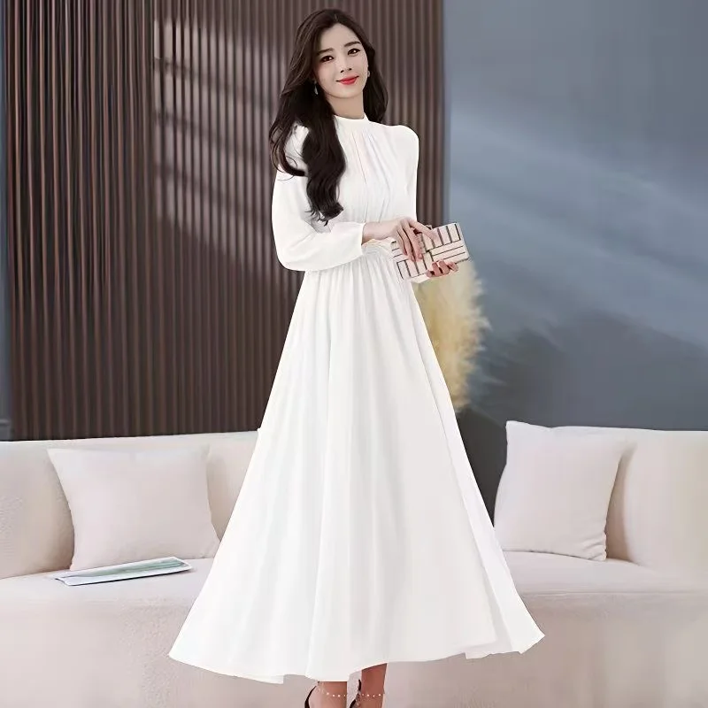 Elegante Boho Donna O-Collo Sottile Elastico in Vita A-Line Abito Midi Pipistrello Manica Lunga Casual Vacanza Ufficio Abito Vintage da Donna