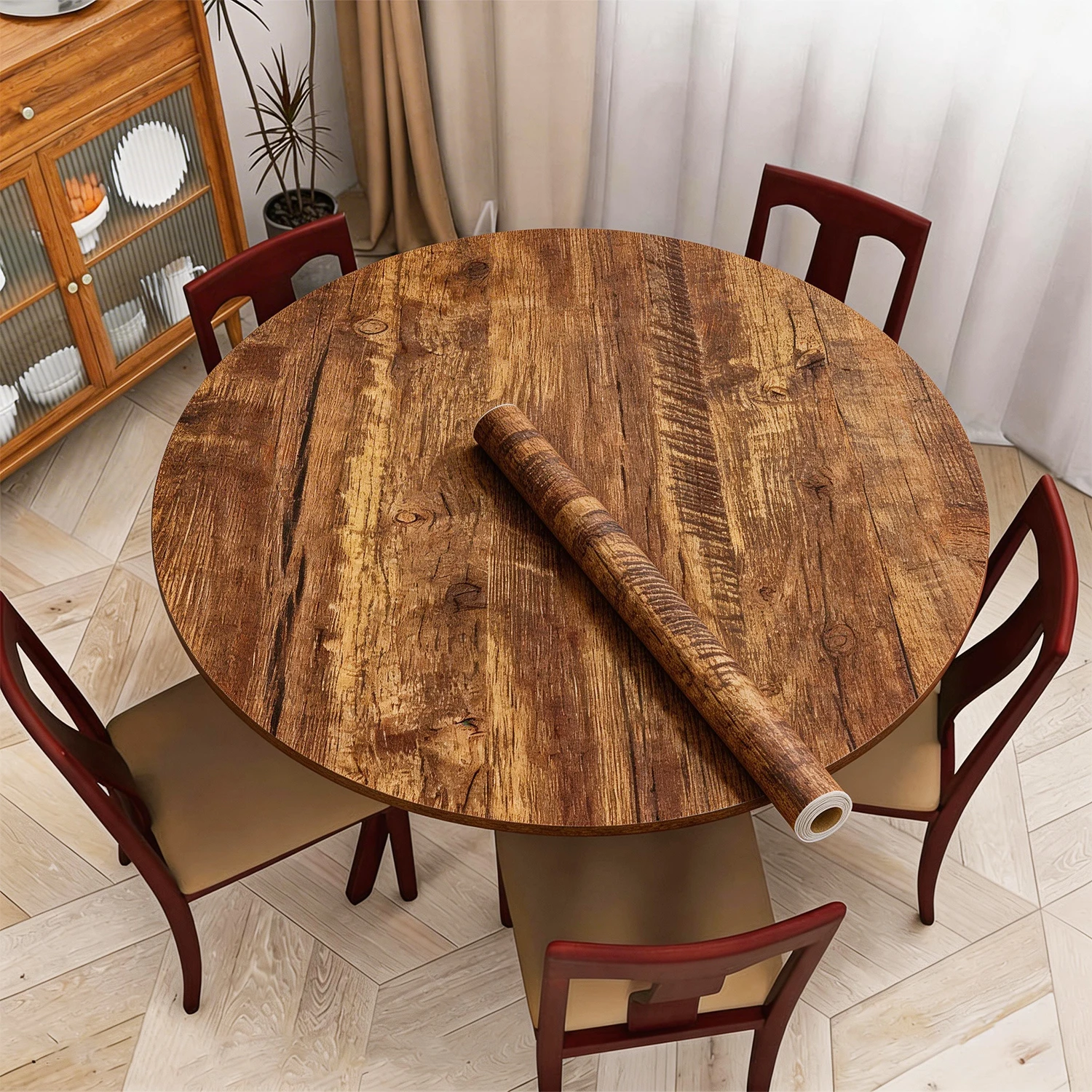 

Самоклеящаяся виниловая пленка под дерево коричневого цвета, имитирующая древесную текстуру, легко наносится, для мебели и кухонных шкафов.