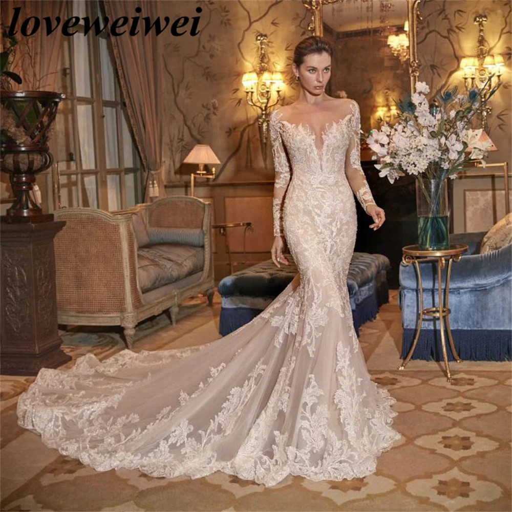 Boho Lace Mermaid Wedding Dress Sexy V Neck Full Sleeves Bride Dress Vintage Court Train Bride Wedding Gown  vestido de novia