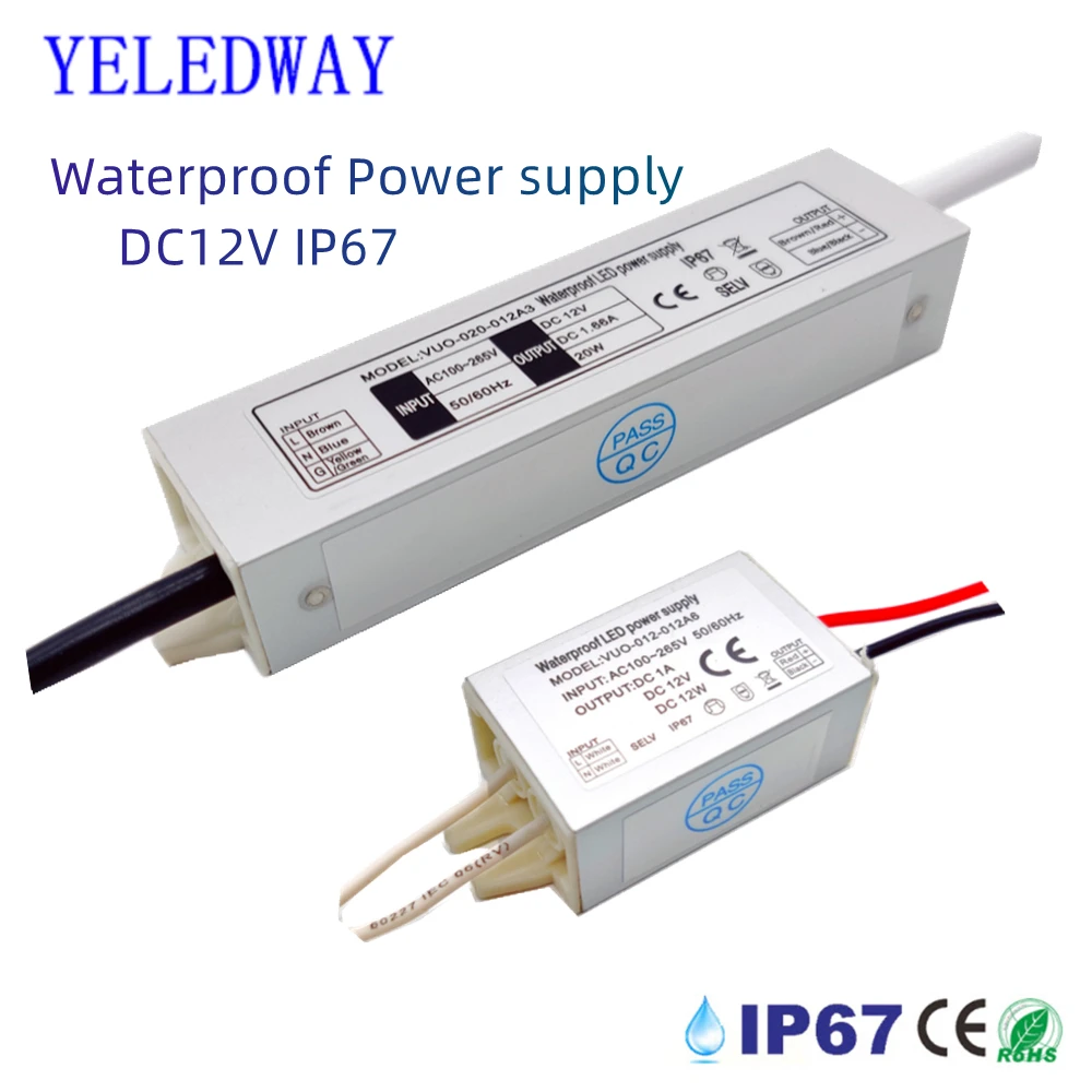 IP67 wodoodporny zasilacz transformator oświetleniowy AC100V ~ 265V do DC 12V sterownik LED 12W 20W 36W zewnętrzny adapter