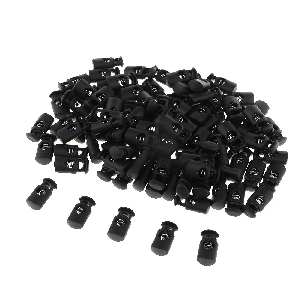 100pcs Black Plastic Toggle Spring Clasp Stop Single Hole String Cord Locks