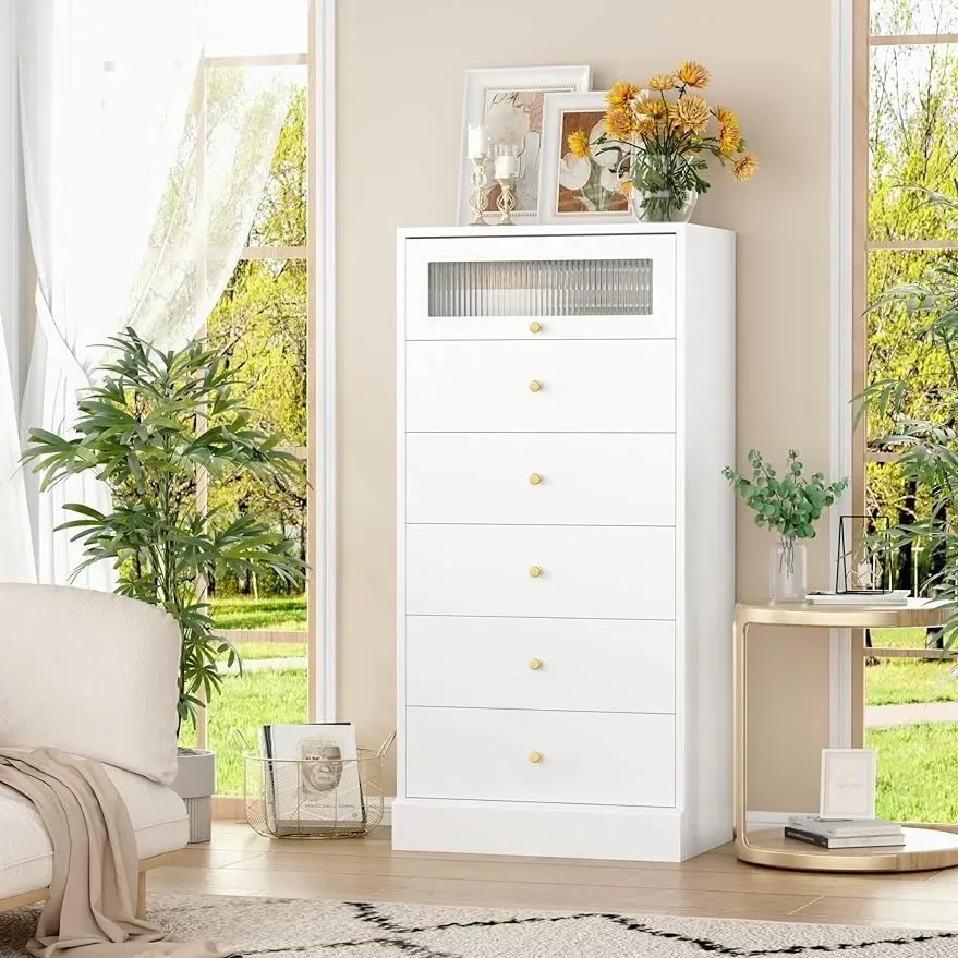 

6 Drawer Dresser White, 51'' Tall White/Black and Gold with Exquisite Glass Door, Modern Dresser