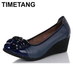 TIMETANG  New Fashion High Heels Women Genuine Leather Single Casual Shoes Woman Wedges Comfortable Women Pumps