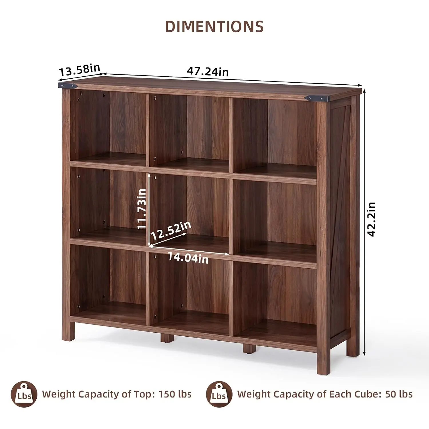 Farmhouse 9 Cube Bookshelf 47 Inch Wide Walnut Wooden 3 Tier Open Display Storage Cabinet Home Office Living Room, Customized