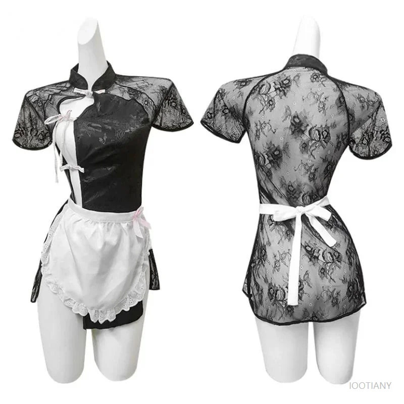 

Sexy Lace See Through Chinese Style Maid Uniform Cosplay Costume Cheongsam Dress Women Role Play Underwear Nightdress Outfits