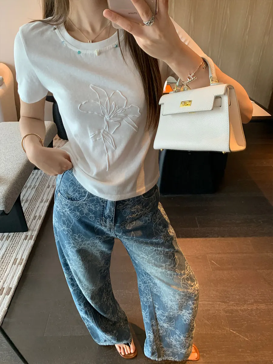 

Новая летняя женская футболка Benxe из шелкового хлопка с цветочным принтом, круглым вырезом, коротким рукавом, в корейском стиле, однотонная, свободного кроя, для повседневной носки.