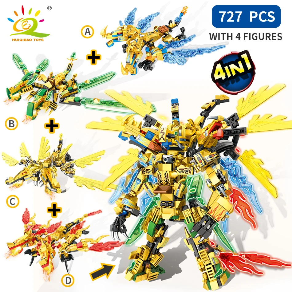 HUIQIBAO 727PCS Gold Ninja Mecha Model Building Blocks 4 in 1 Dragon Robot with Figures City Bricks Educational Toy For Children