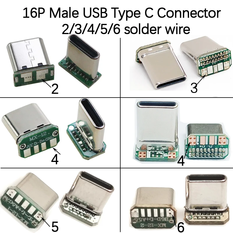 2-5PCS USB TYPE-C Male 16P Vertical Data Charging Port With 2/3/4/5/6 Welding PCB USB Board Male Head 16P Usb C Connector