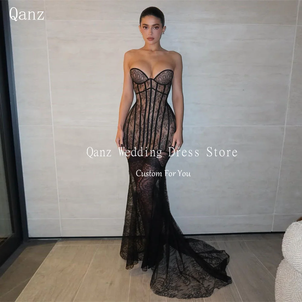 Qanz Sexy Zwart Kant Prom Dress Sweetheart Zeemeermin Corset Terug Illusion Avondjurken Vrouw Elegante Partij Jassen Aangepast