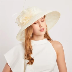 Fashion Elegant Feather Floral Organza Church Hat For Women Foldable Wedding Party Hat Summer Beach Protection Sun Cap