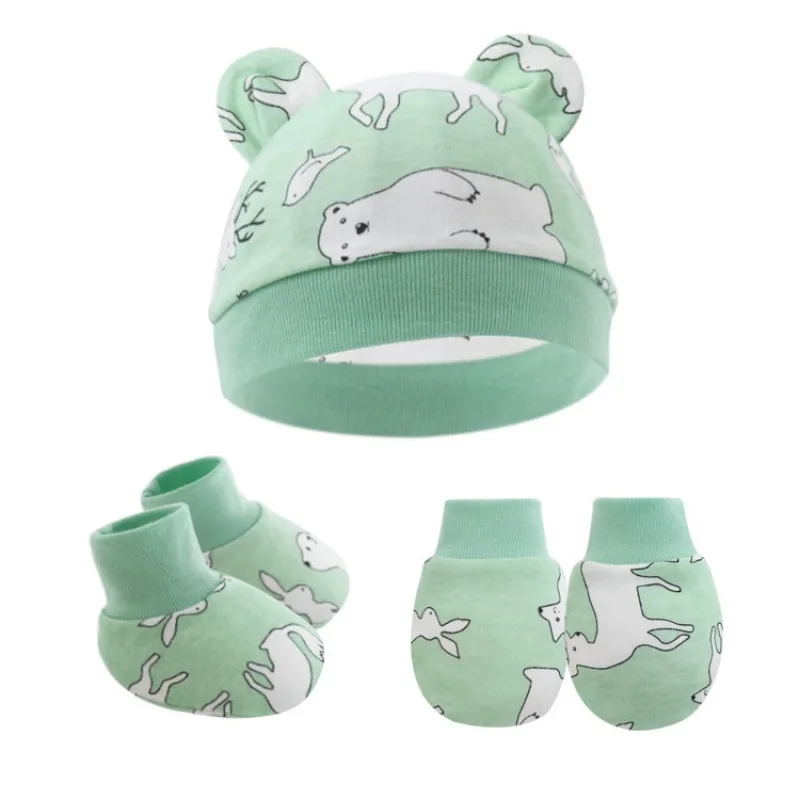 New Design Cute Print No Scratch Infant Unisex Baby Boys Girls Newborn Cap Mitten Sock Sets