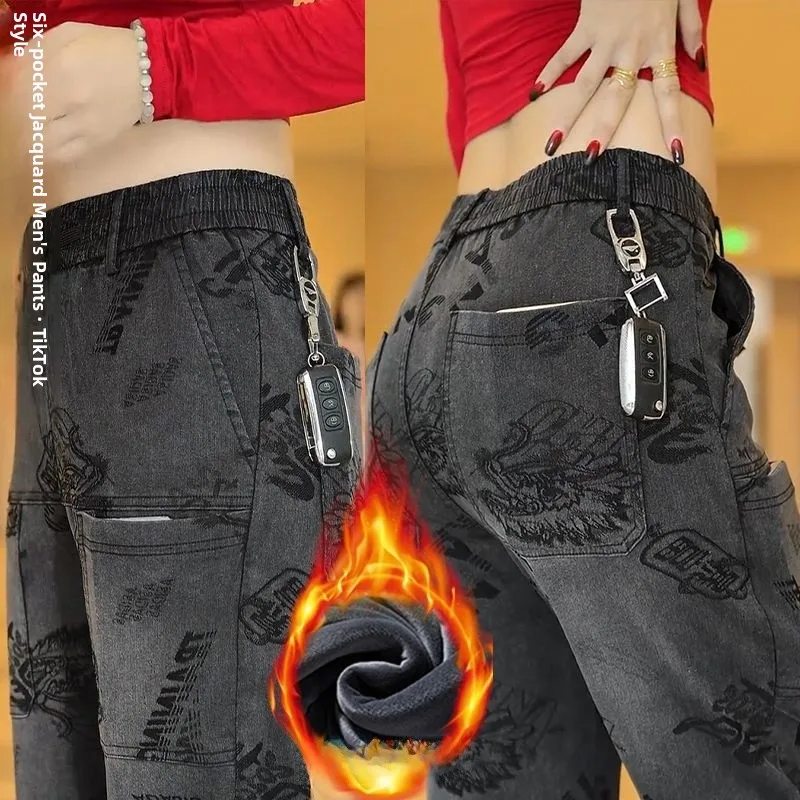 Men's Thiened Fce Lined Heavyweight Denim Casual Pants with Six kets Faionable Busin Casual Autumn Winter Warmth...