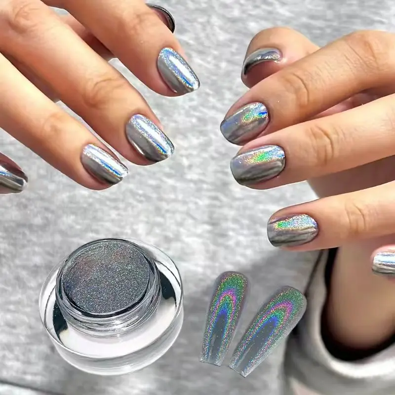 Silberner Laser-Magischer Spiegel-Nagelpuder mit Holografischem Regenbogeneffekt, Professionelle Nagelkunst, Einhorn-Laserpigment, Puder