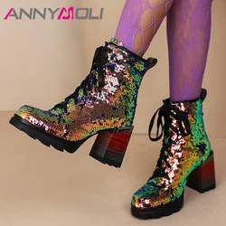 ANNYMOLI Women Pu Leather Fashion Boots Ankle Boots Platform Thick High Heel Round Toe Glitter Lace Up Sexy Winter Autumn Shoes