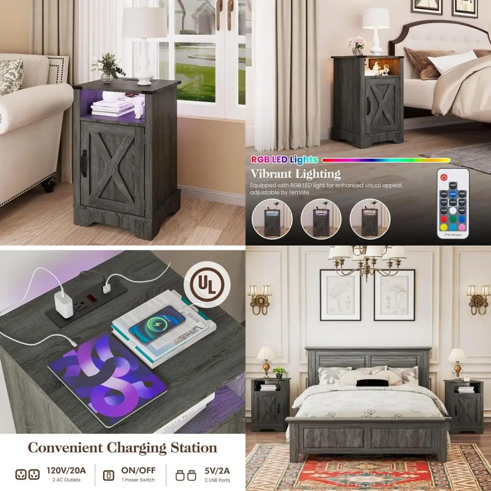 

rustic wooden led nightstand with charging station & tall bedside table