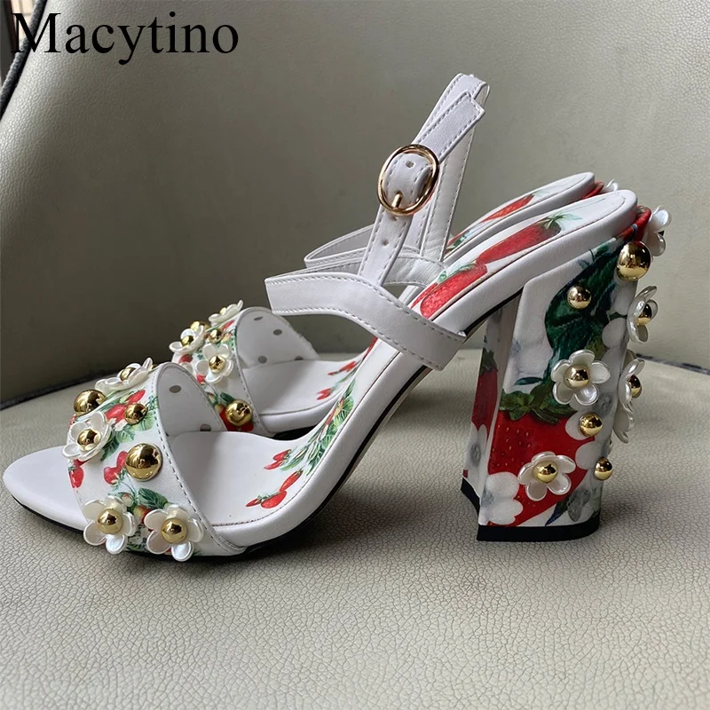 New Style Summer Women Retro Ethic Sandals White Flower Pearl High Heel Fashion Casul  Ladies Shoes Strawberry Print