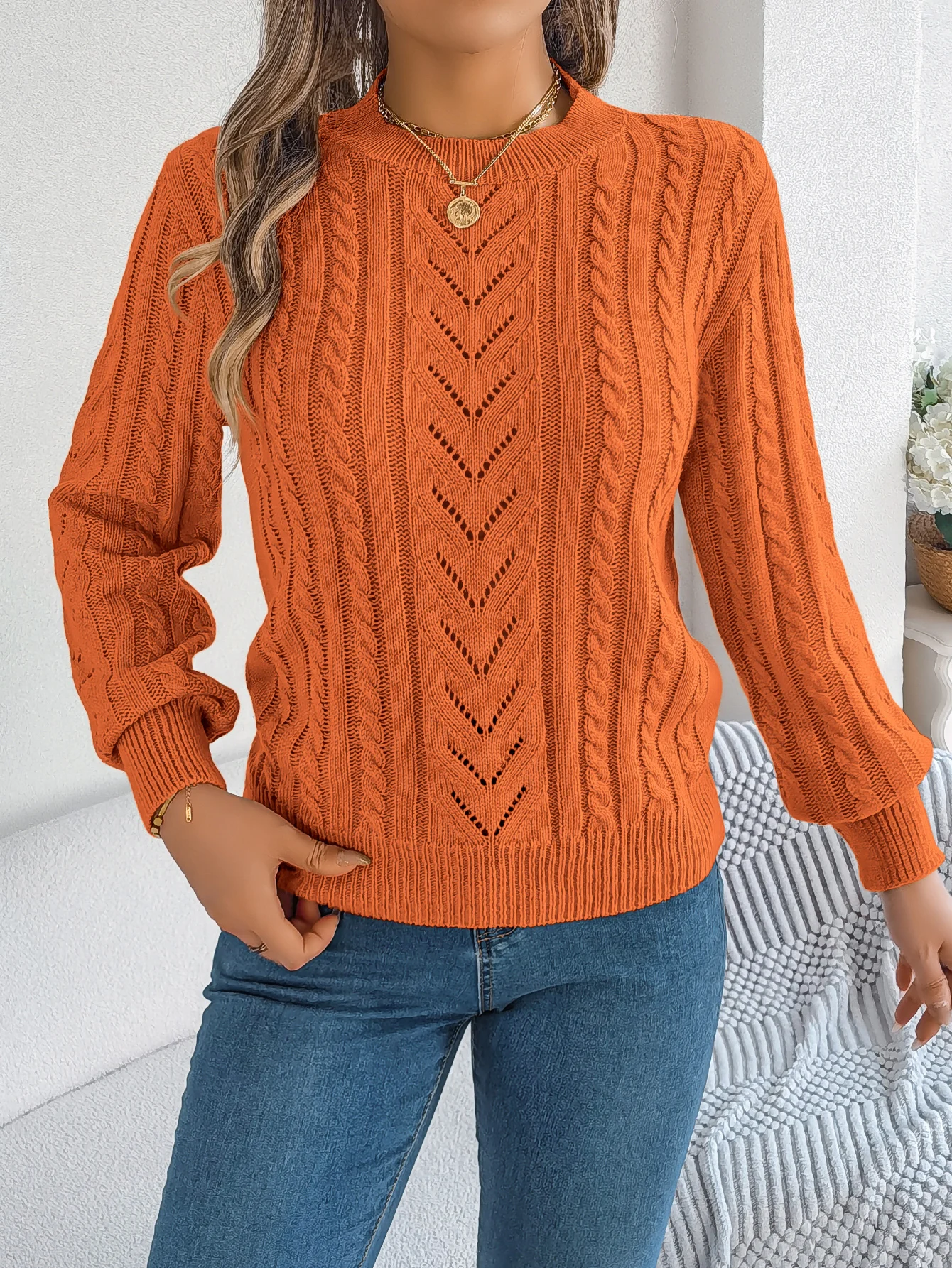 

Women Solid Openwork Knit Pullover Round Neck Long Sleeve Cozy Fall Winter Resort Ready Sweater Top