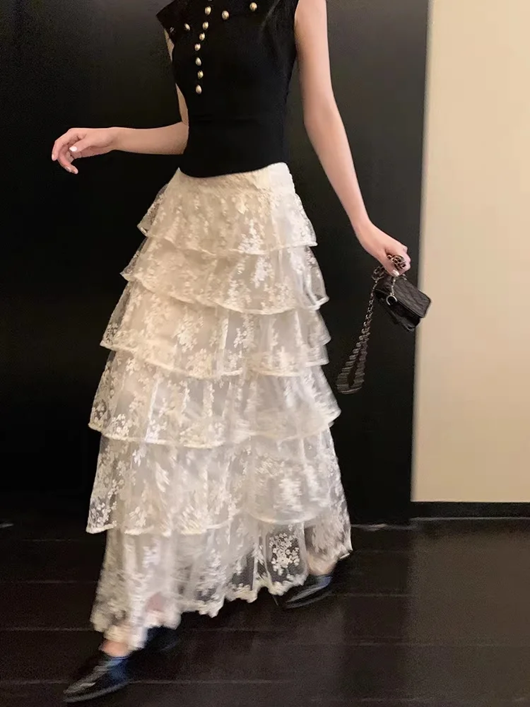 Elegant Lace Half Skirt Spring Summer New Style A-Line High Waist Puffy Cake Skirt Elastic Waist Long Skirt Gentle Fairy Atmo...