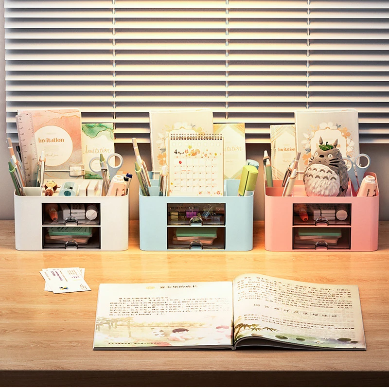 Simple Pen Holder With Drawer Multifunction Desktop Organizer Stationery Storage Box Student Office Desk Decorations Stationery