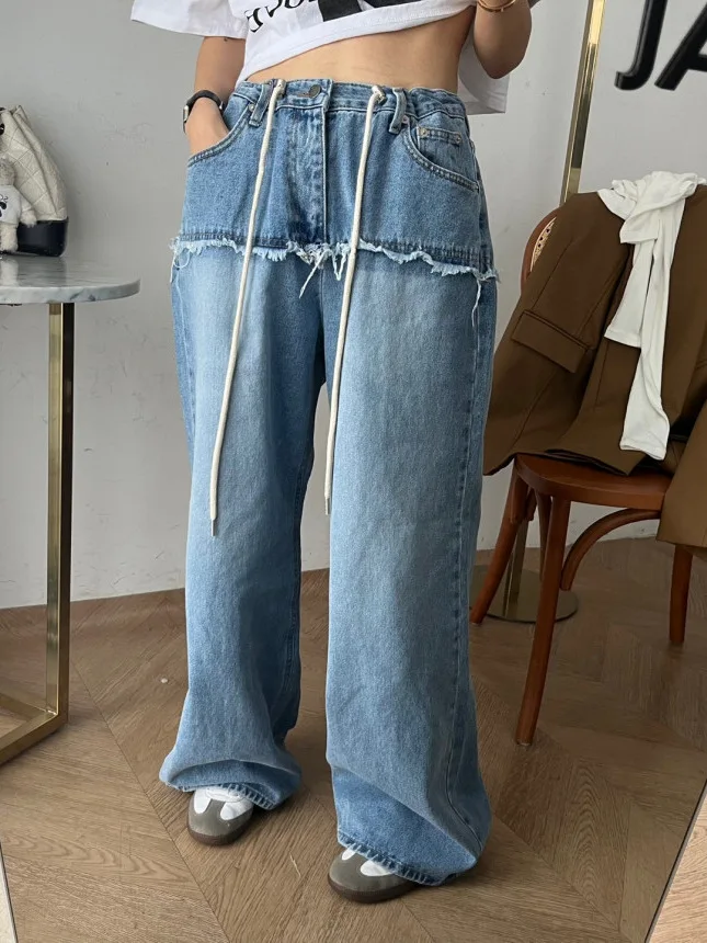 

Retro Waed Patchwork Denim Jeans Women's Loose Straight Leg Frayed Hem Casual Long Trousers Dstring Waist Design