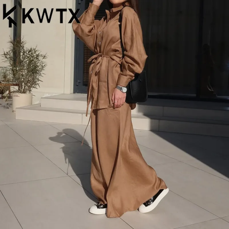 

KWTX Women's SS25 Casual Two Piece Set Notched Tie Long Sleeve Blouse & High Waist Skirt Vintage Solid Color Premium Quality