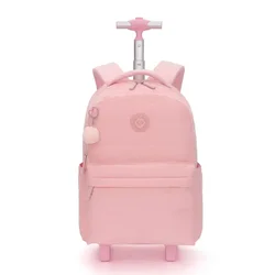 School Bag with Wheels for Girls Boys Solid Color Backpack with Wool Ball Pull Rod Three Piece Set Pencil Case Dirt Resistant