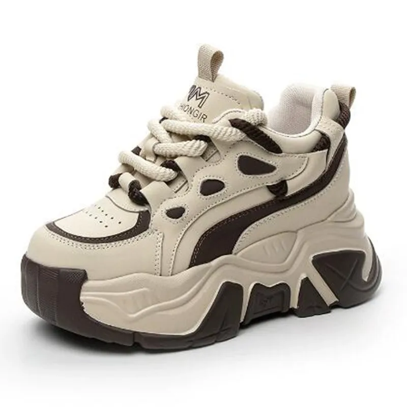 

Женские осенние кроссовки из натуральной кожи на толстой подошве 8 см, дышащая повседневная обувь для папы, женская белая спортивная обувь на высокой платформе