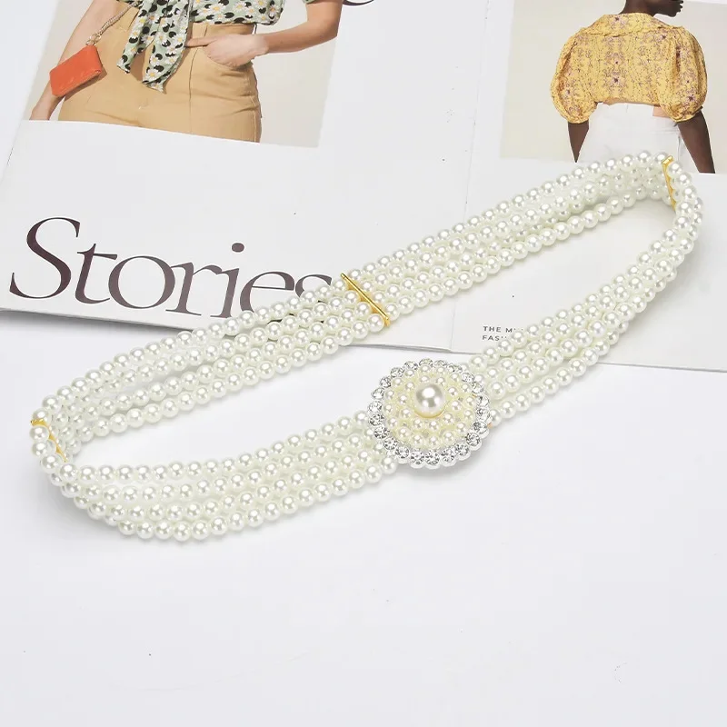 Women's Pearl Chain Decorative Fashionable and Sweet Girl Waist Elastic Adjustable Belt