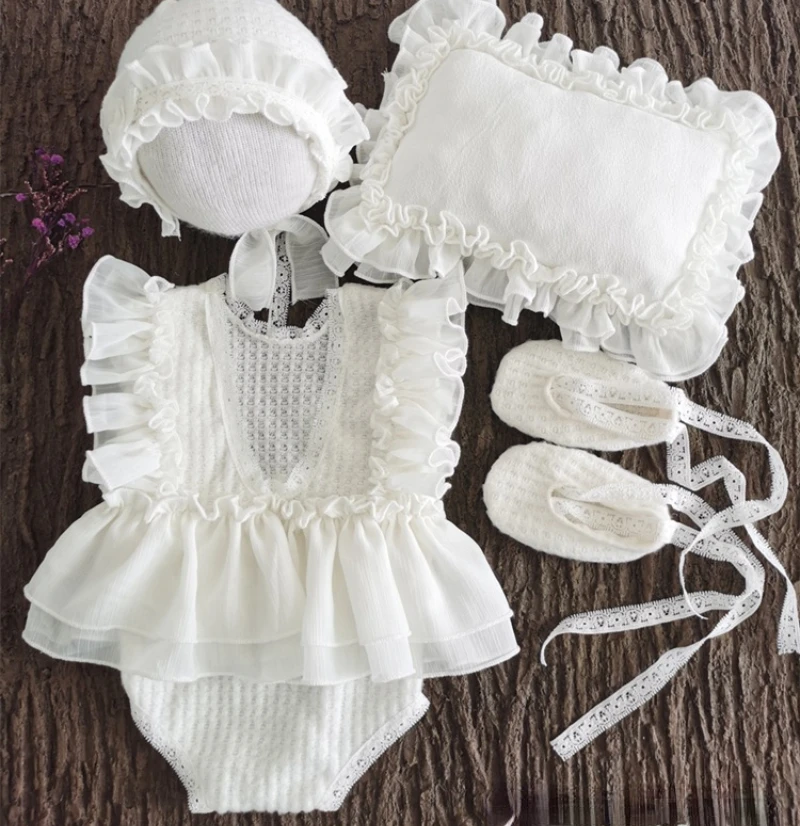 5Pcs Baby Lace Dress+Hat+Pillow+Shorts+Shoes Set Infants Photo Shooting Costume Outfits Newborn Photography Props