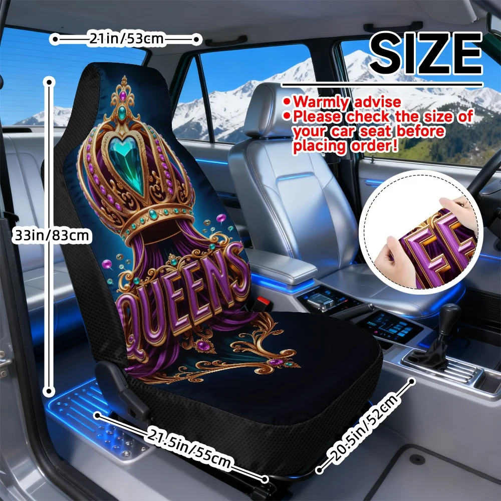 2D Flat Printing, 2pcs Crown With Gems And Drapes Print Car Seat Covers, Universal Fit Seat Covers, Soft Comfort, Easy Installat