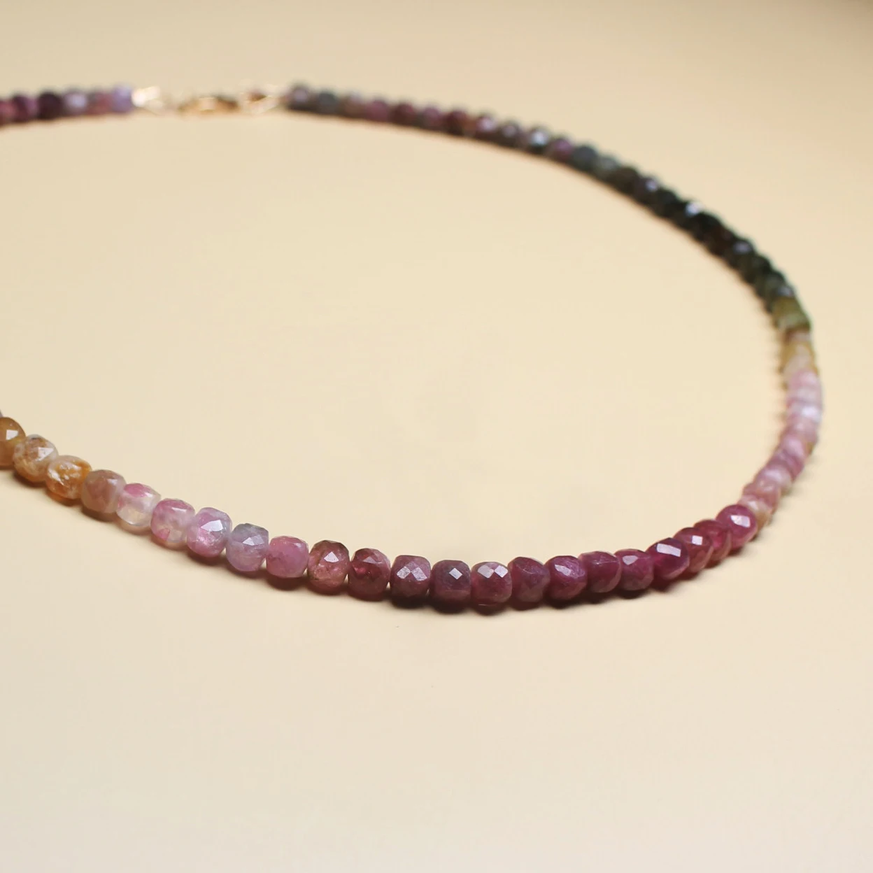 

14K Gold-Filled Rainbow Tourmaline Necklace, Faceted Crystal Gradient Color Collarbone Chain, Vintage Statement Jewelry