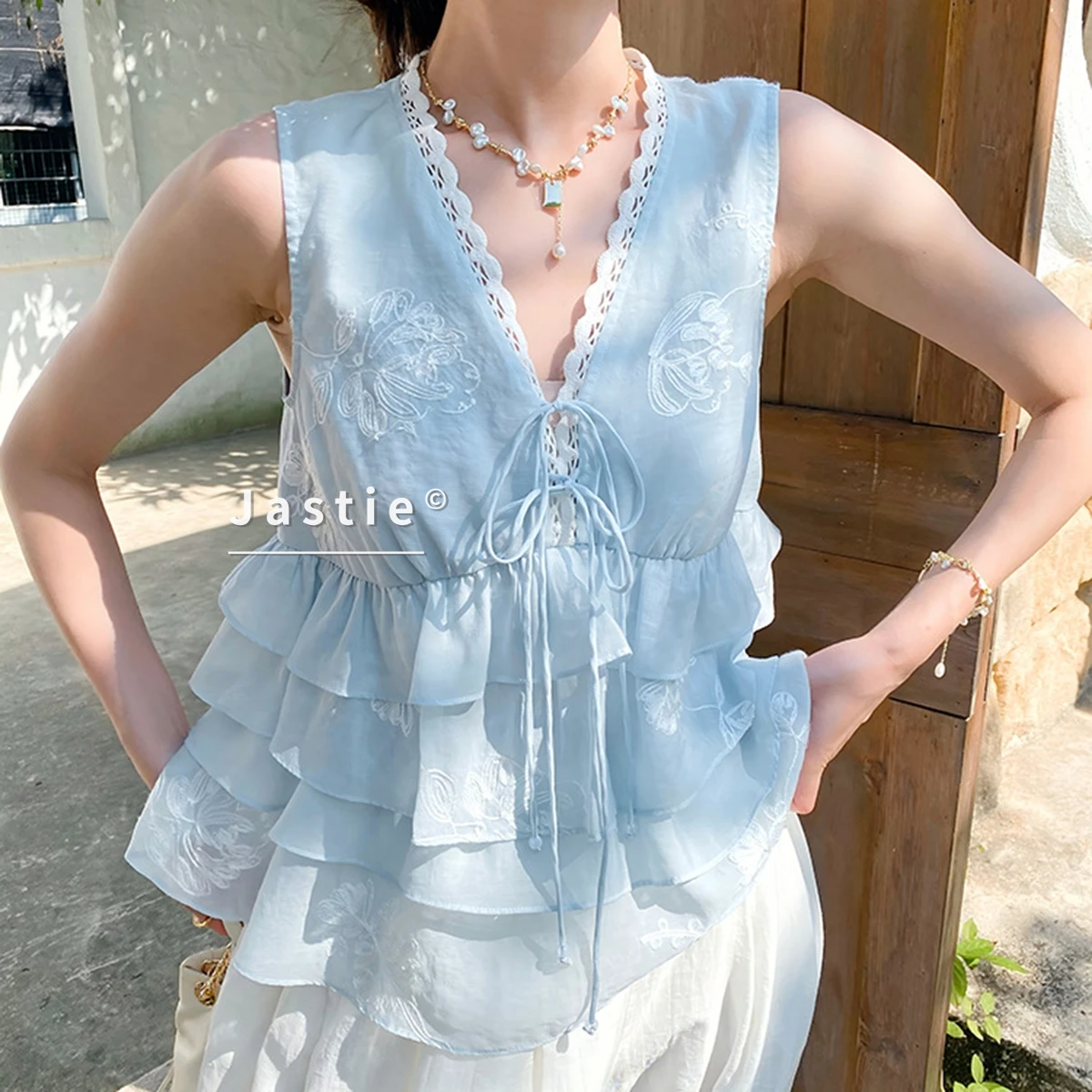

Sweet Blue Layered Ruffle Tank Top Women Summer V-Neck Embroidery Sleeveless Blouse Chic Fairycore Beach Vacation Outfits New