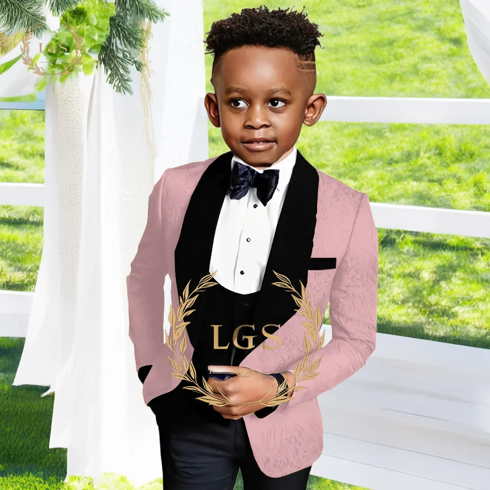

Kids 3 - Piece Formal Suit, Stylish Pink Jacquard Blazer Vest Pants Set Ideal for Wedding Ceremony, Birthday Party