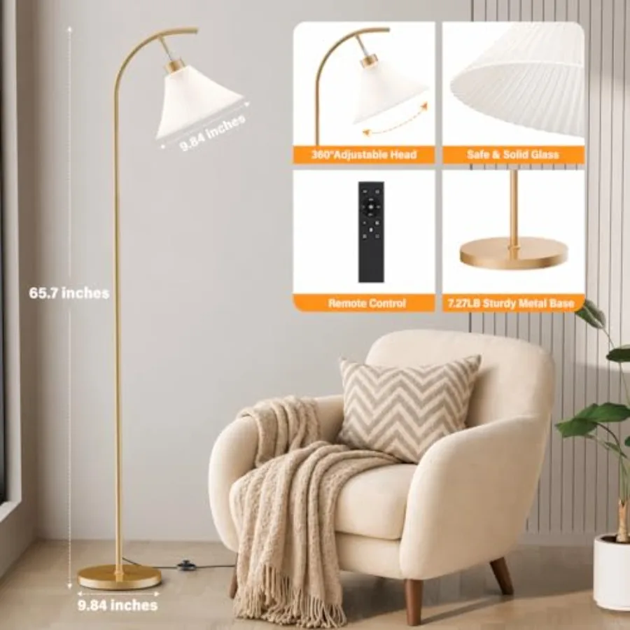Floor Lamp with Remote, Dimmable Glass Arc Standing Lamp, Ribbed Frosted Glass Shade, 3 Color Temperatures, Feet Switch, 9W LED