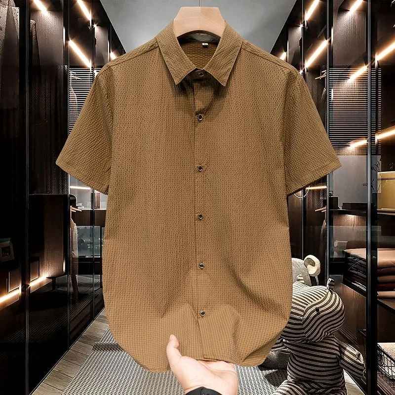 

Mens Burgundy Textured Short Sleeve Shirt Point Collar Button Up Casual Formal Dress Shirt