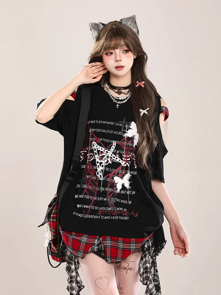 아메리칸 쿨 버터플라이 레터 프린트 반팔 블랙 티셔츠 여성용 여름 서브컬쳐 스타일 루즈 오프숄더 화이트 탑