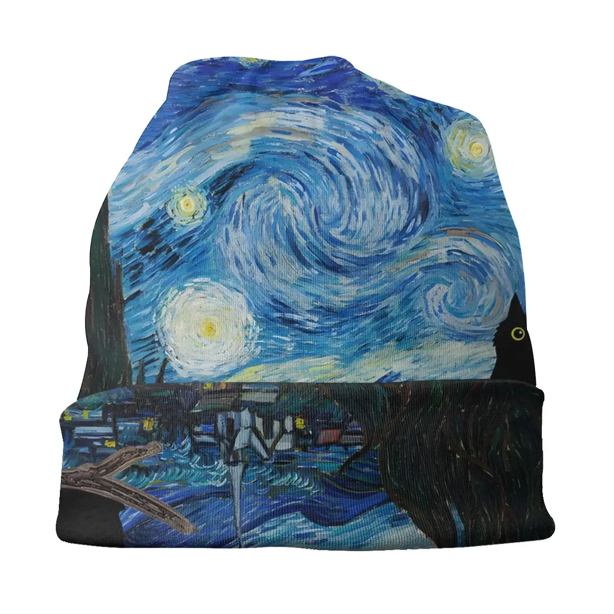 Black Cat In Van Gogh Starry Night Unisex Bonnet Hiking Double Layer Thin Hats For Men Women