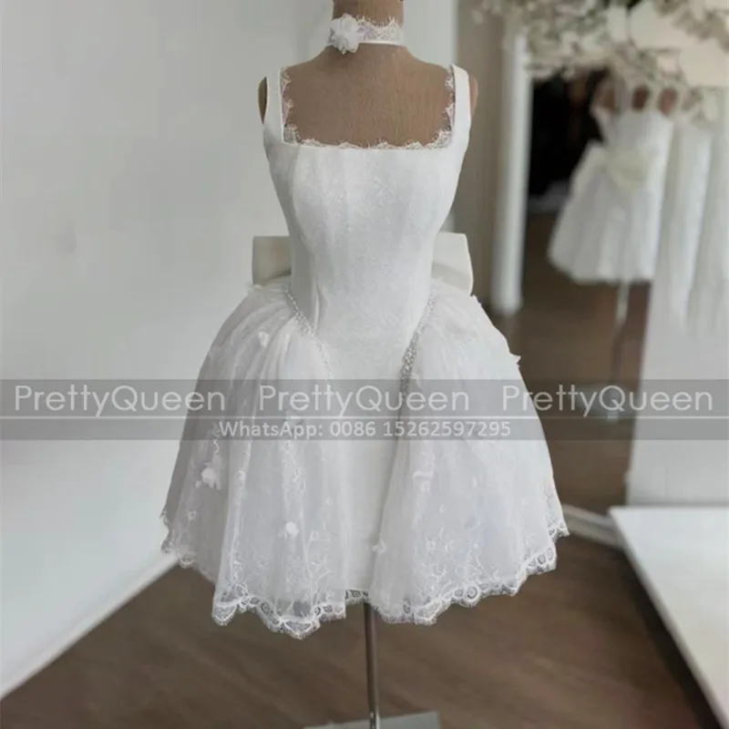 White Lace Short Bridesmaid Dresses Beaded Ball Gown Customized Spaghetti Square Neck Wedding Party Dress For Women