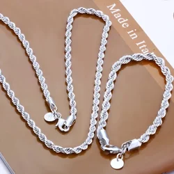 high quality 925 silver 4MM women men chain male twisted rope necklace bracelets fashion Silver jewelry Set