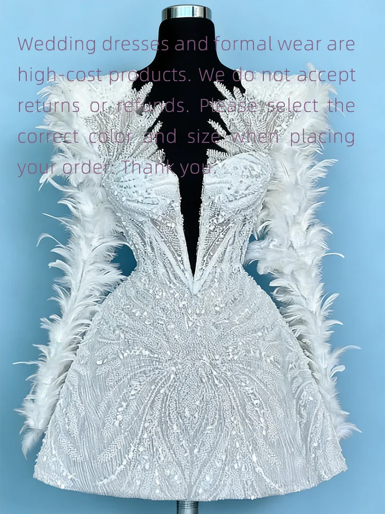 Exquisite V-Neck Sequined Beads Feather Mini A-Line Bride Wedding Dresses Bridal Gowns Customized