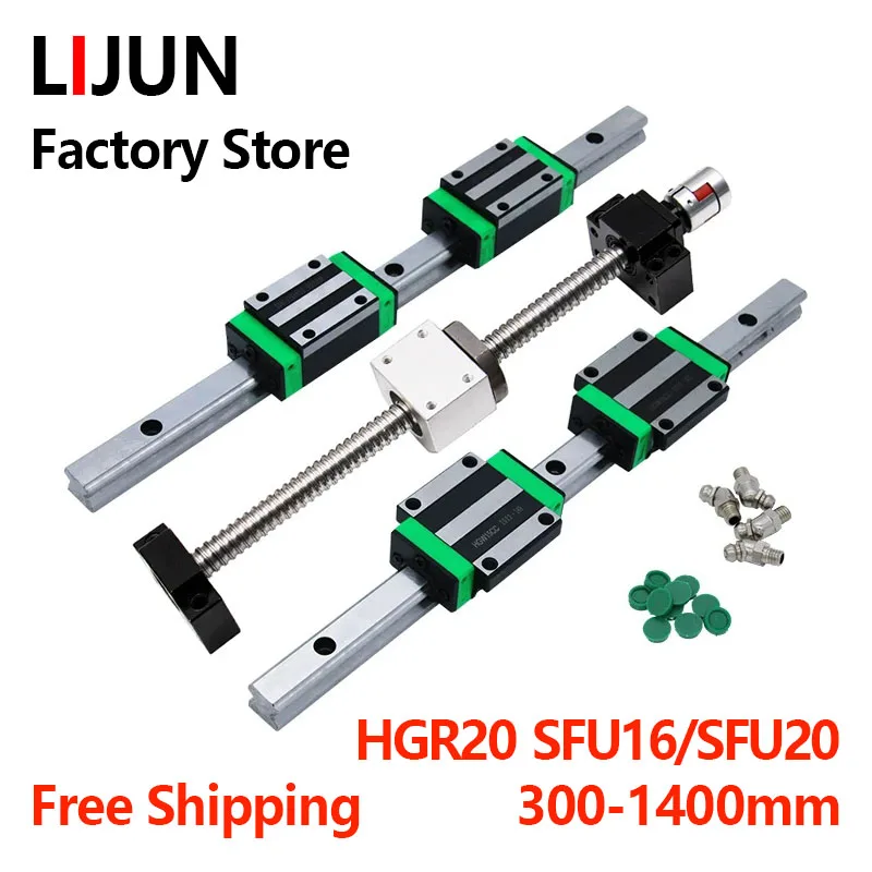 LIJUN 2pcs HGR20 Linear Guide Rail+4 Slider Blocks+1 kit Ball Screw SFU1605 SFU1610 SFU2005 SFU2010 for CNC part XYZ axis Router